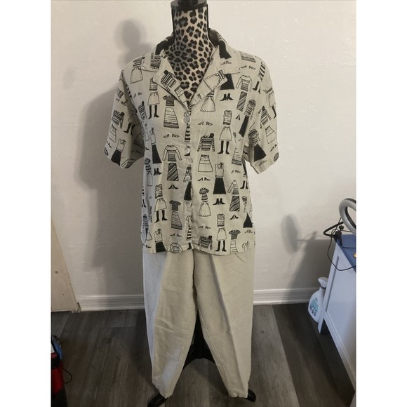 Allyson Whitmore Petites 2 piece set size PL Linen novelty print  beige - Picture 1 of 8